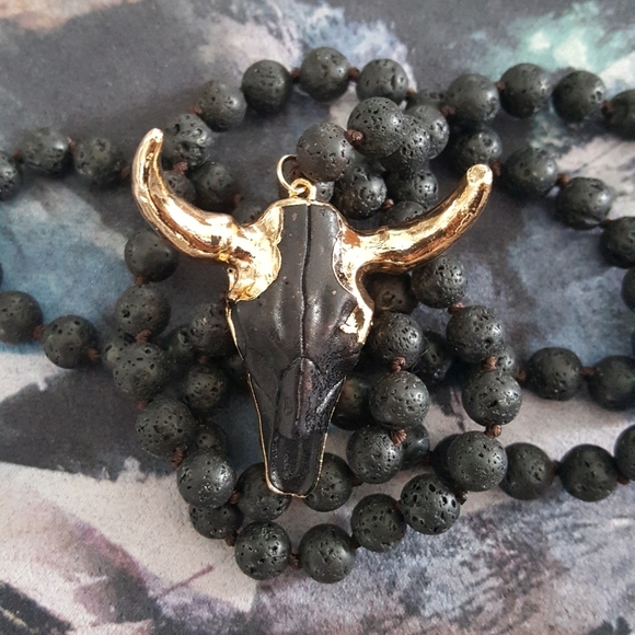 Mala Style Black Lava Stone Necklace - Picture 2 of 4